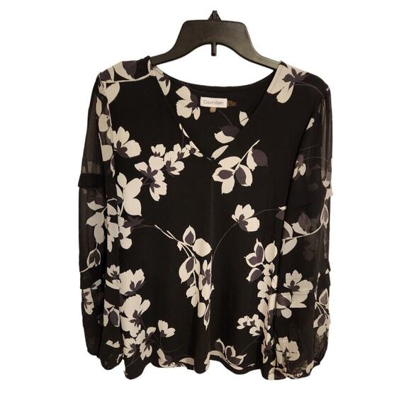 Calvin Klein Tops - Calvin Klein Blouse Romantic Sheer Sleeve Dressy Floral V Neck Size Medium